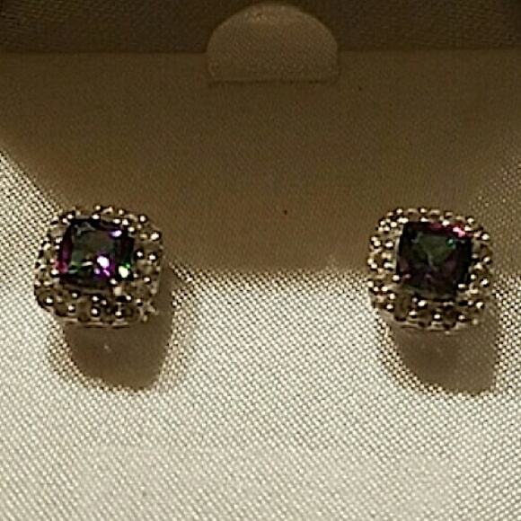 Mystic Fire Topaz Stud Earrings, Square, Princess Cut - Picture 7 of 10